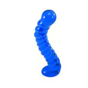 Изогнутый ребристый фаллос из синего стекла