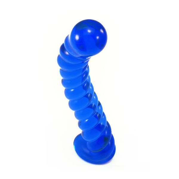 Изогнутый ребристый фаллос из синего стекла Изогнутый ребристый фаллос из синего стекла