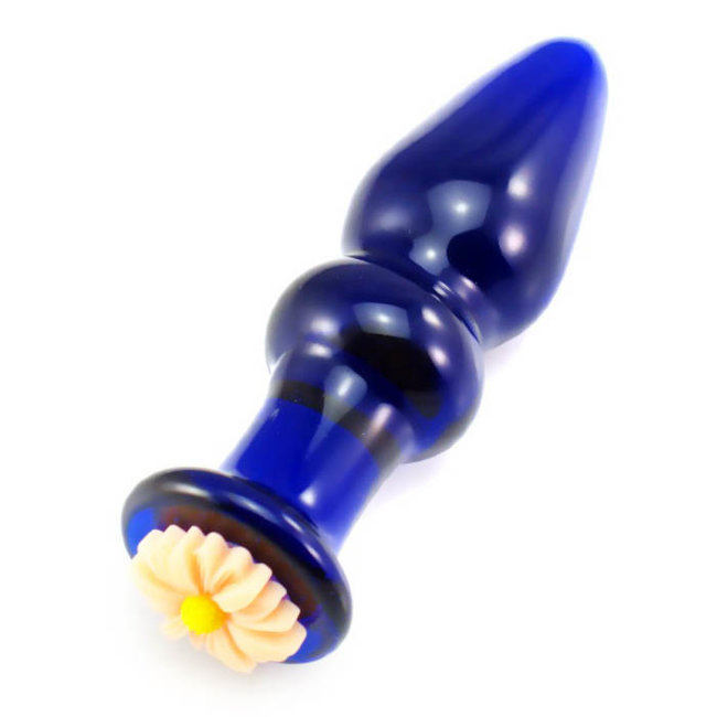 Анальный стимулятор из синего стекла с украшением в виде цветка Анальный стимулятор из синего стекла с украшением в виде цветка