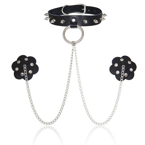 Ошейник с украшениями для сосков на цепочках