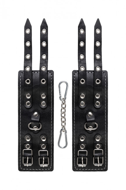 Кожаные наручники с двумя ремнями и красной подкладкой Кожаные наручники с двумя ремнями и красной подкладкой