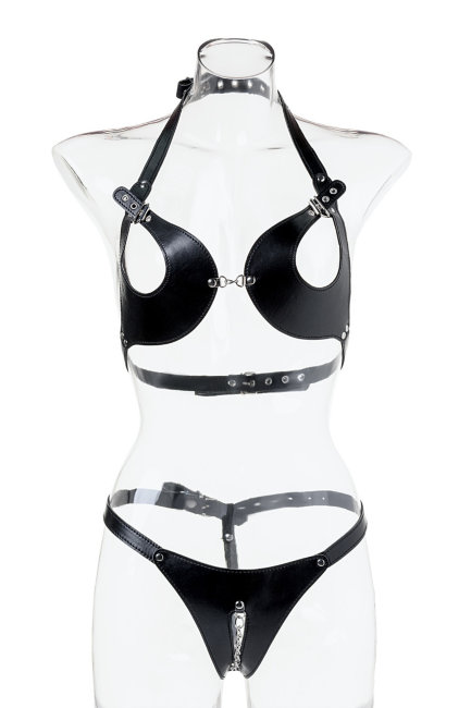 Откровенное бикини из металла и экокожи