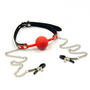 Силиконовый кляп шар с сосковыми зажимами